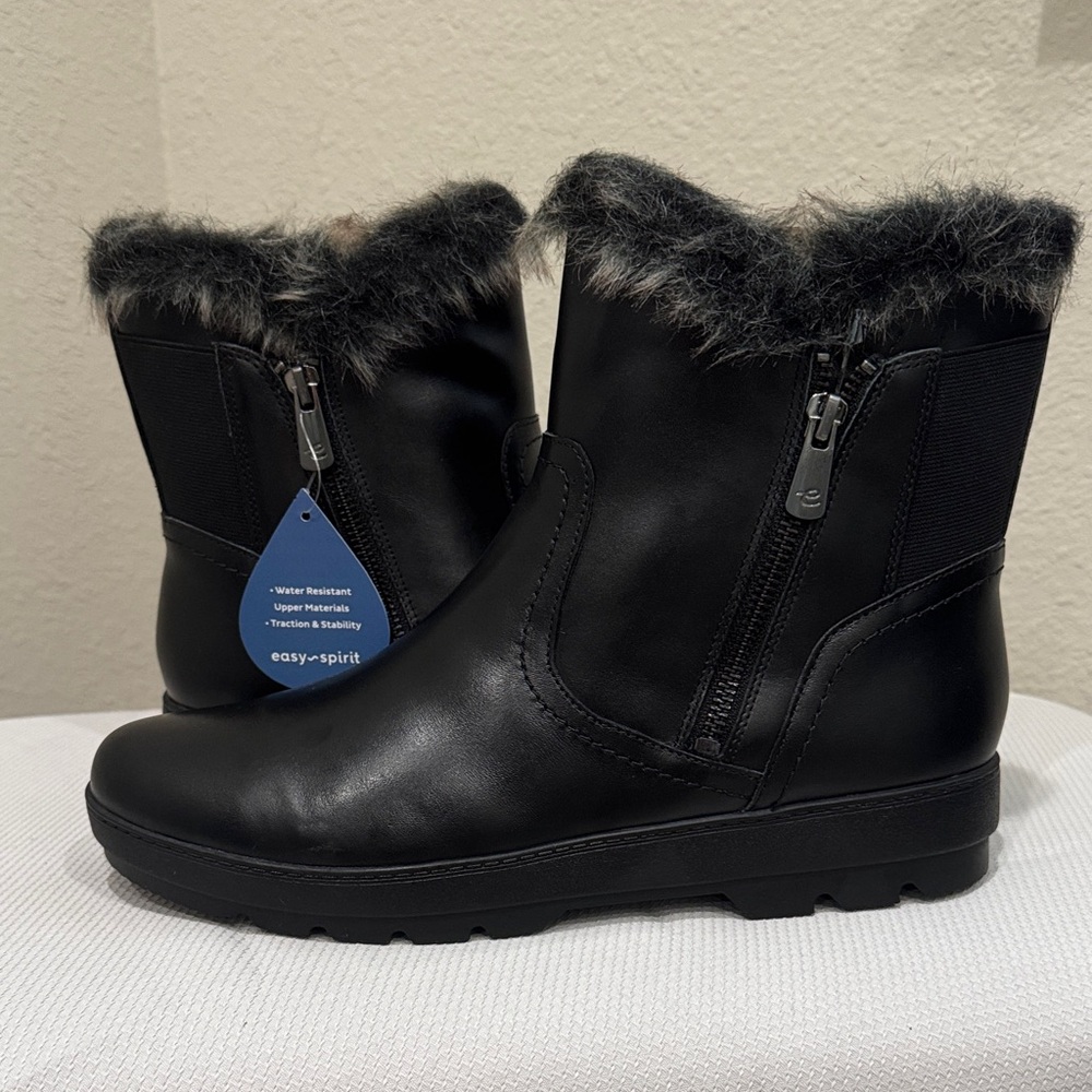 Easy Spirit Black Leather Winter Boots with Faux Fur Trim